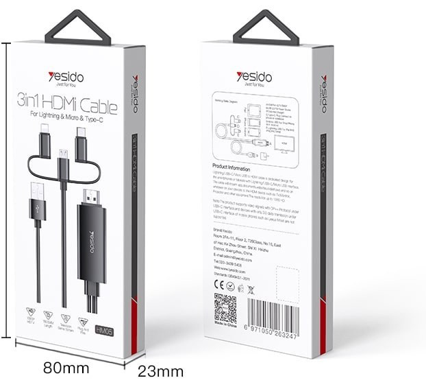 کابل ۳ سر یسیدو HM05 طول ۲ متر لایتنینگ تایپسی میکرو به HDMI